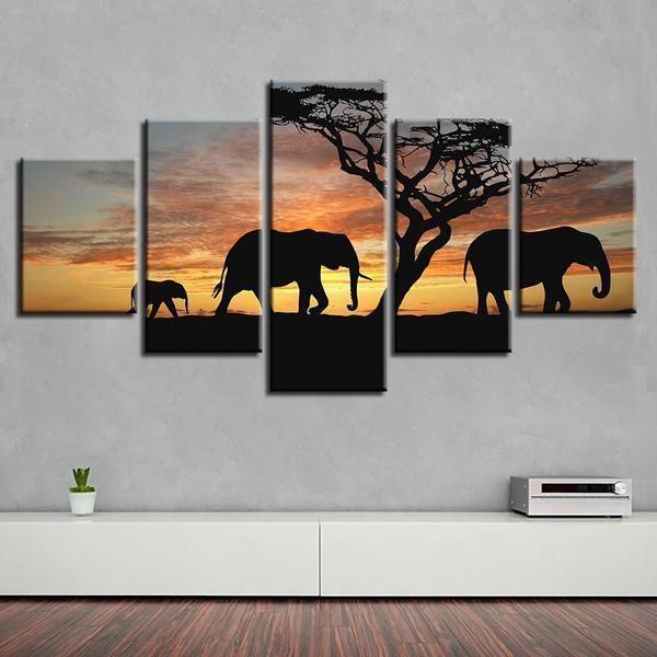 Elephant Family On Sunset Animal Canvas Wall Art