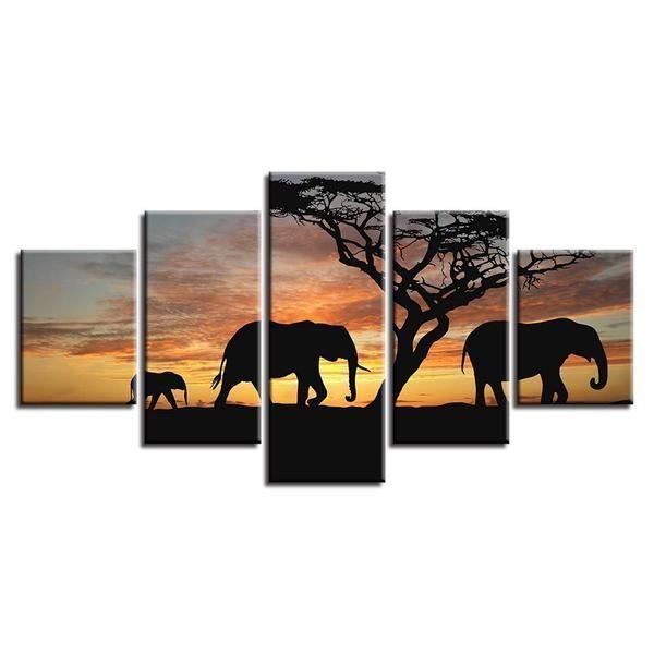 Elephant Family On Sunset Animal Canvas Wall Art