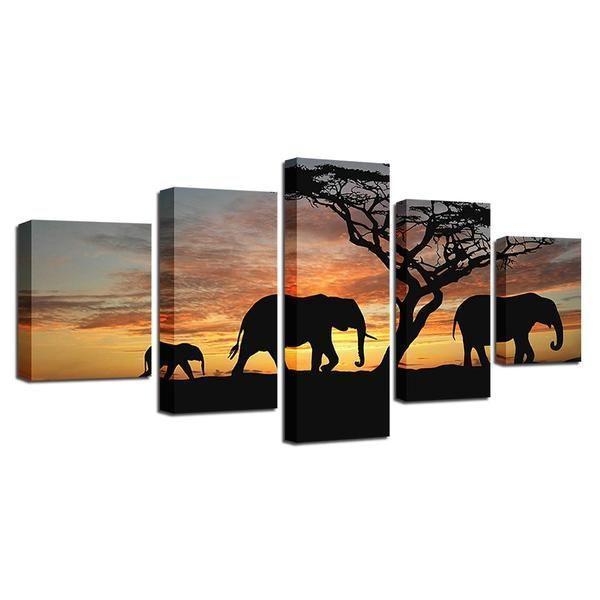 Elephant Family On Sunset Animal Canvas Wall Art