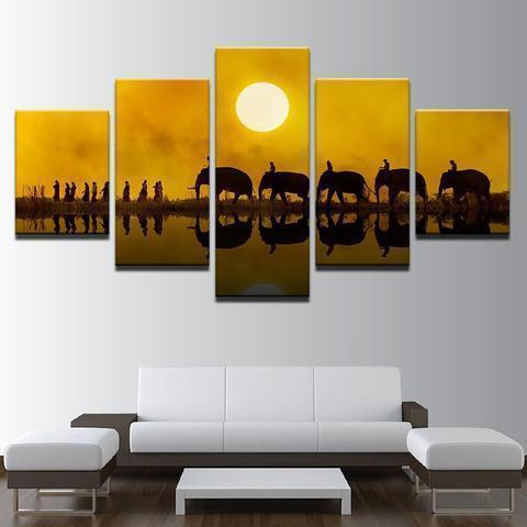 Elephant Family Sunset Animal Canvas Wall Art