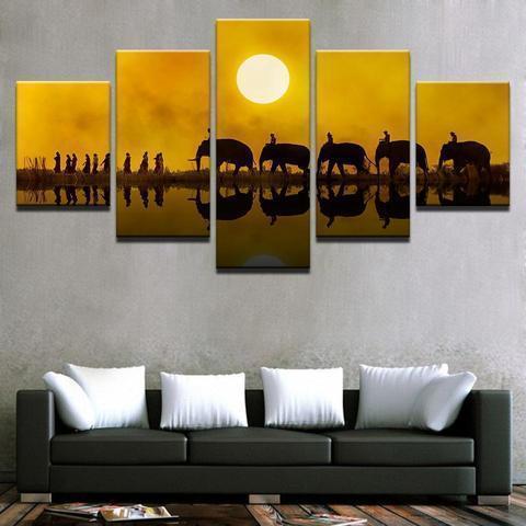 Elephant Family Sunset Animal Canvas Wall Art