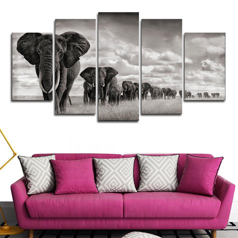 Elephant Walking On The Grassland Animal Canvas Wall Art