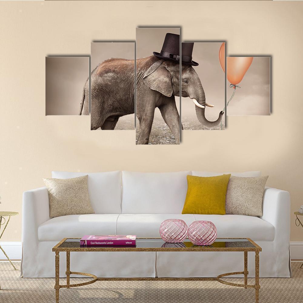 Elephant With A Orange Balloon Animal Canvas Wall Art
