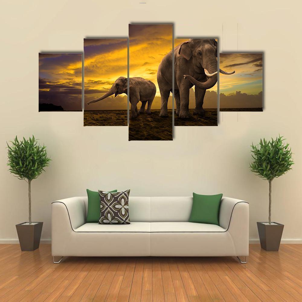 Elephants Family On Sunset Animal Canvas Wall Art