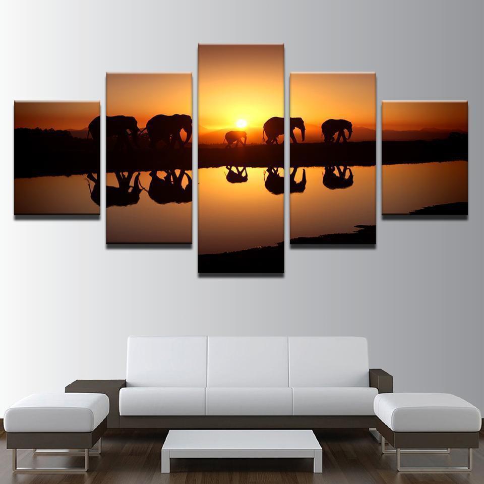 Elephants Unset Animal Canvas Wall Art