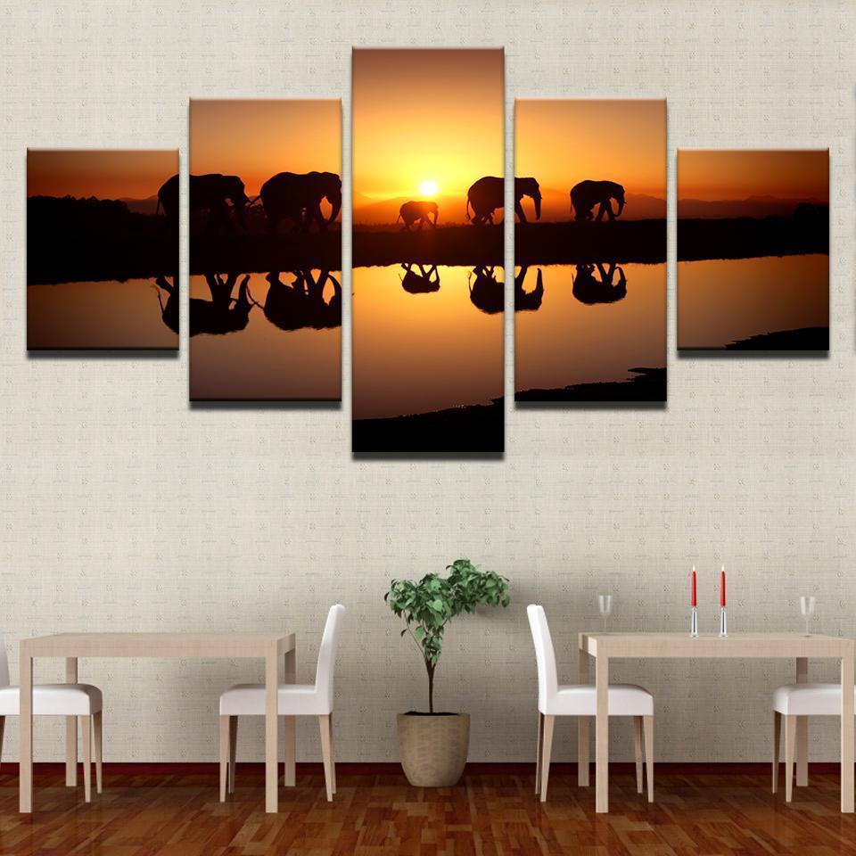 Elephants Unset Animal Canvas Wall Art