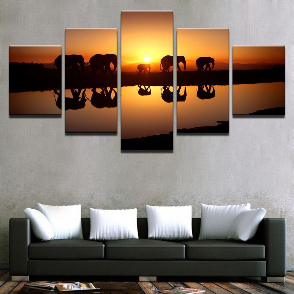 Elephants Unset Animal Canvas Wall Art