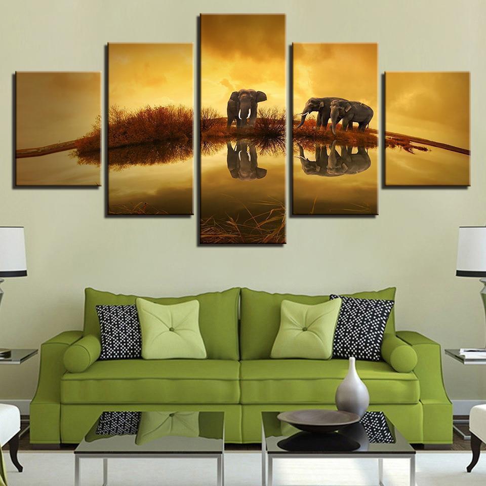 Elephants Unset Lake Landscape Animal Canvas Wall Art