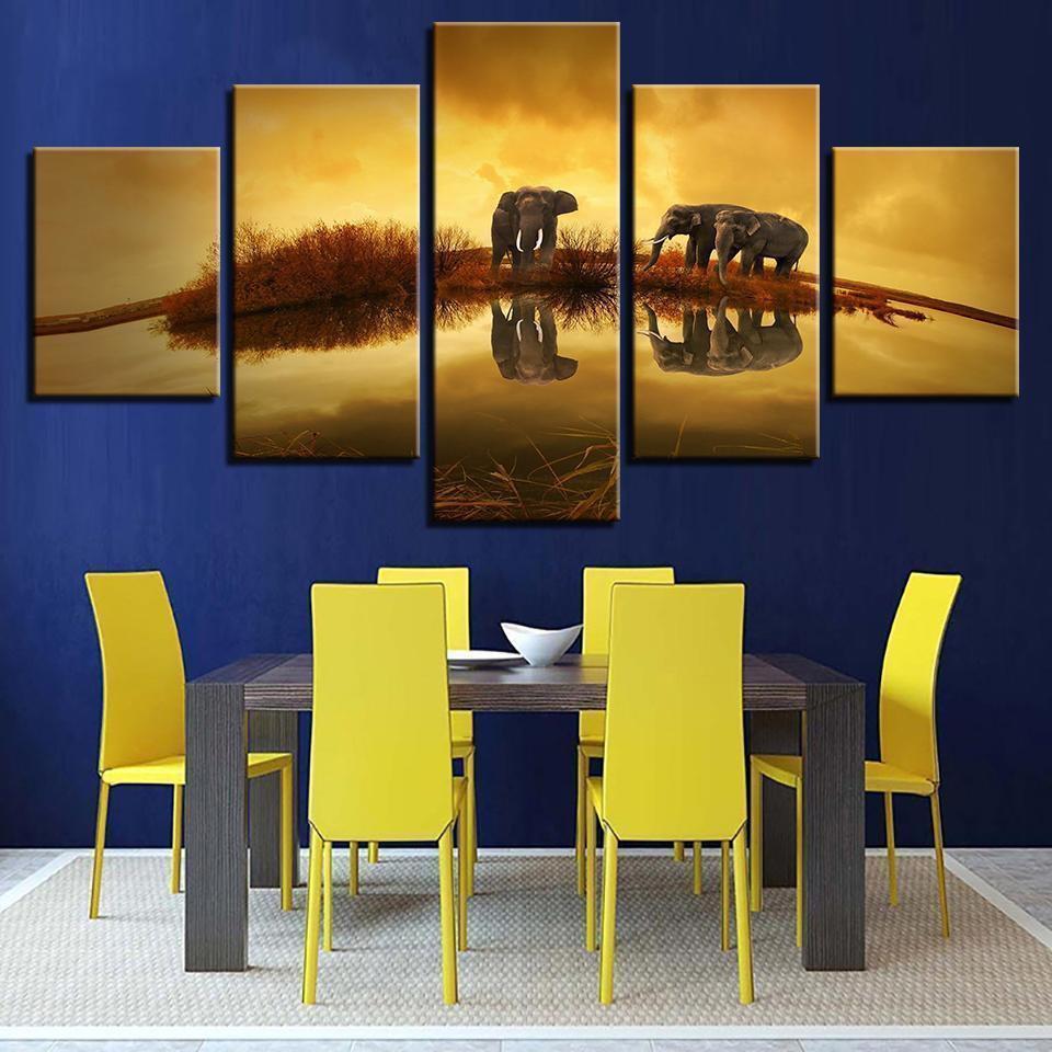Elephants Unset Lake Landscape Animal Canvas Wall Art