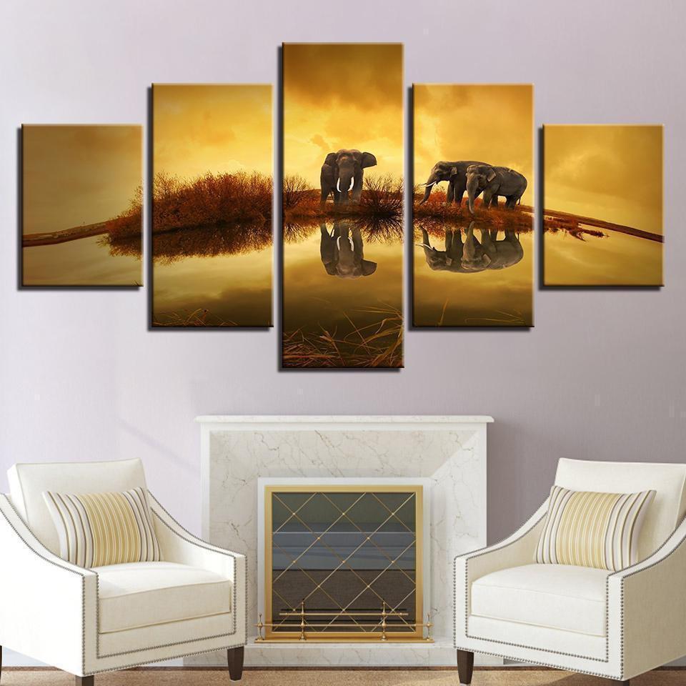 Elephants Unset Lake Landscape Animal Canvas Wall Art
