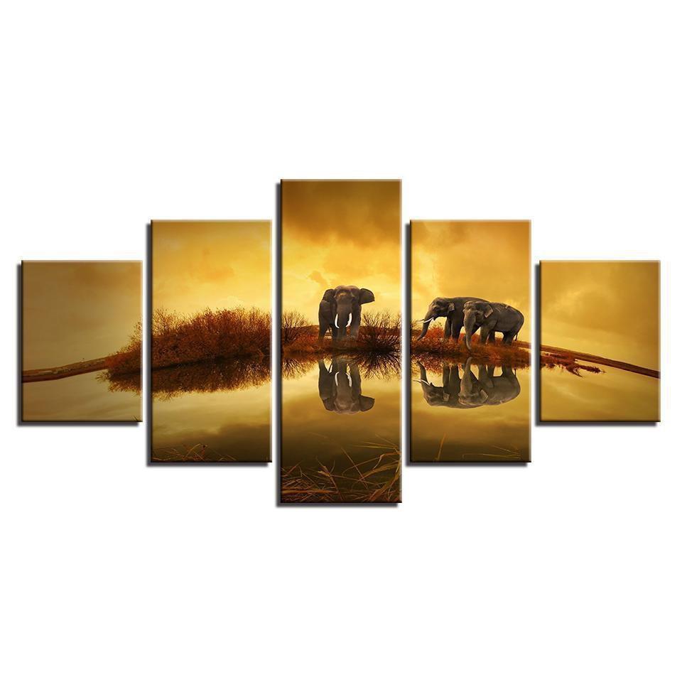 Elephants Unset Lake Landscape Animal Canvas Wall Art