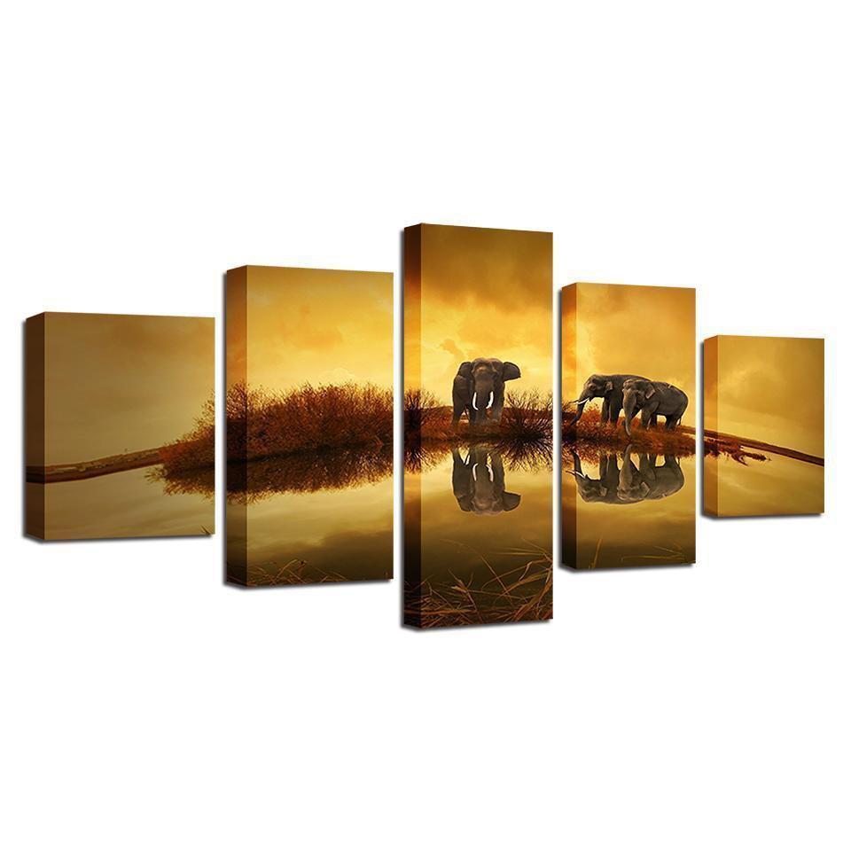 Elephants Unset Lake Landscape Animal Canvas Wall Art