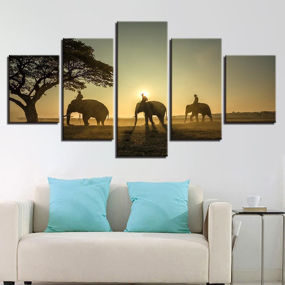Elephants Unset Tree Animal Canvas Wall Art