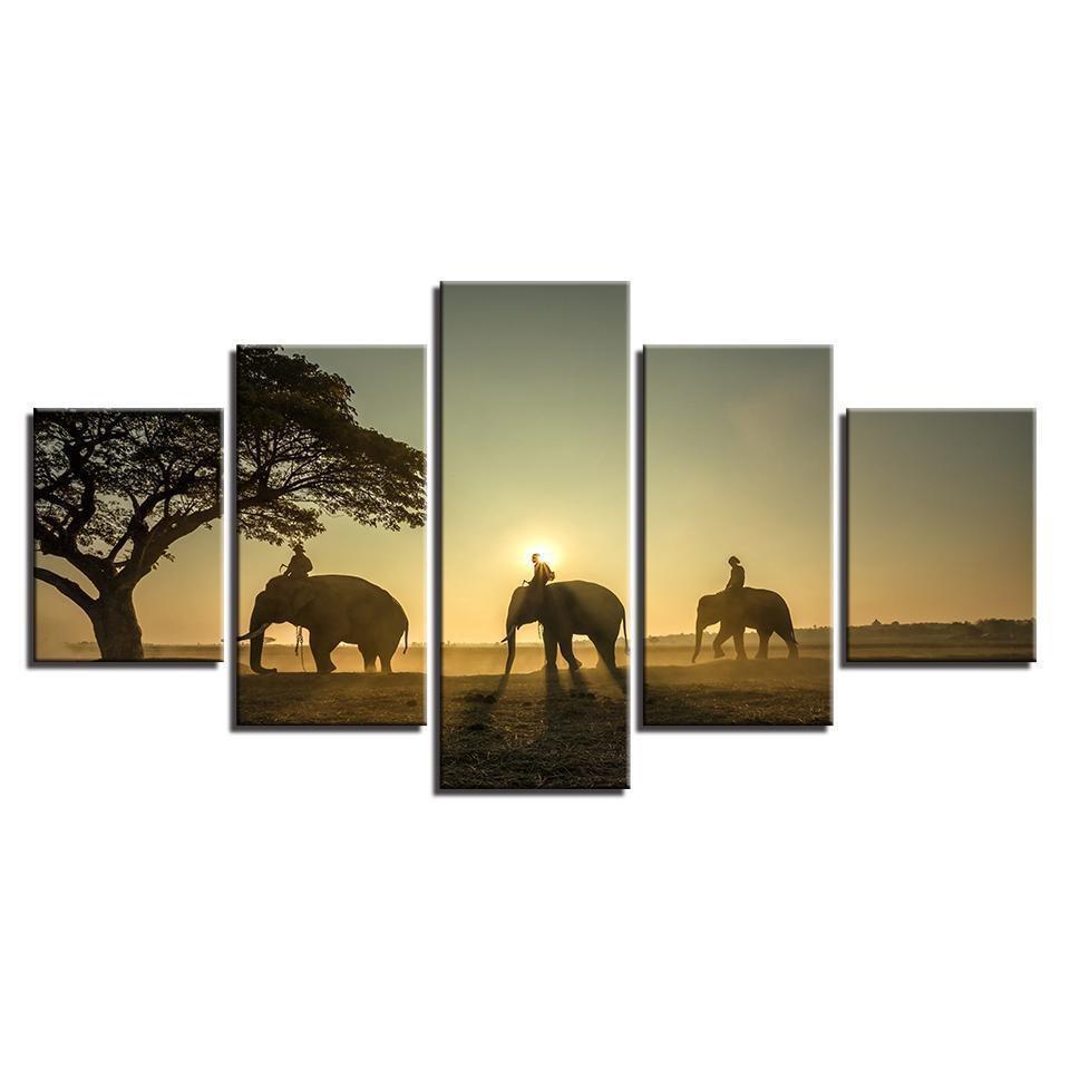 Elephants Unset Tree Animal Canvas Wall Art
