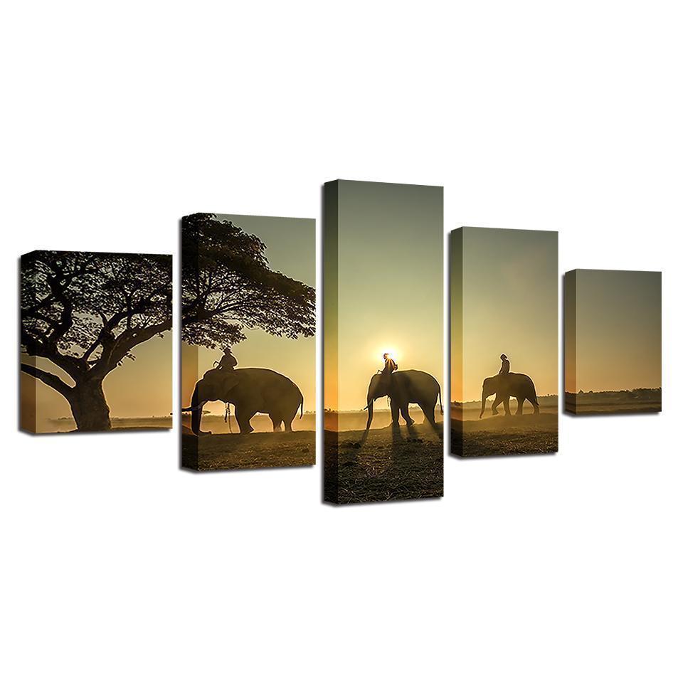 Elephants Unset Tree Animal Canvas Wall Art