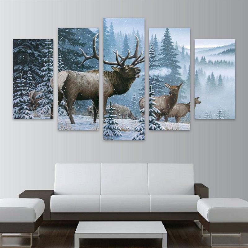 Elk Family In Snow Pine Tree Landscape Fashion Deer Animal Canvas Wall Art