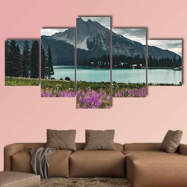Emerald Lake With Mountains And Flowers Nature Canvas Wall Art