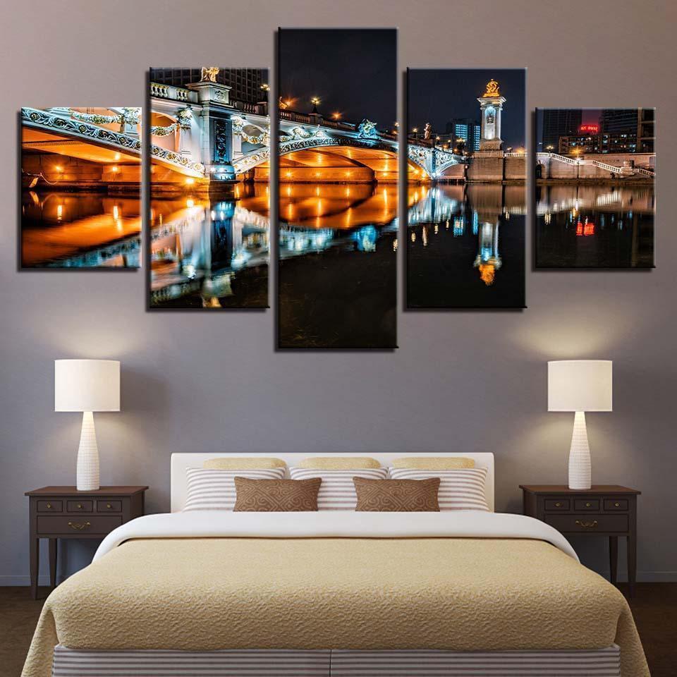 European Building Bridge Night Scene Nature Canvas Wall Art