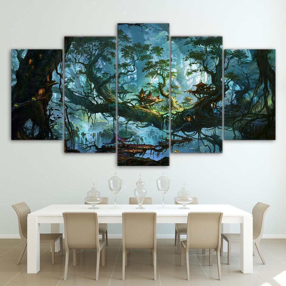 Fantasy Houses Magic Forest Night Tree Nature Canvas Wall Art