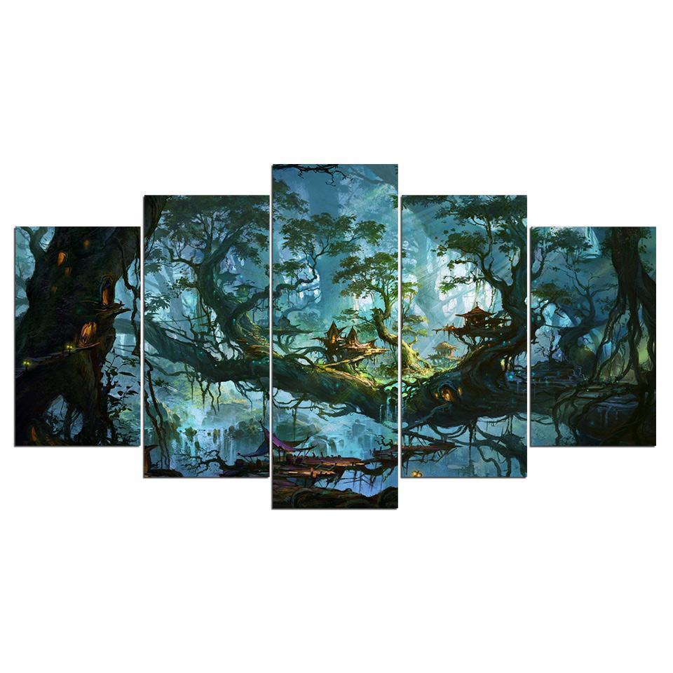 Fantasy Houses Magic Forest Night Tree Nature Canvas Wall Art