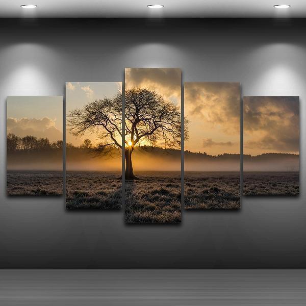 Farm Field Sunrise Tree Landscape Nature Canvas Wall Art