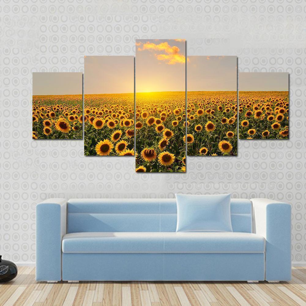 Field Of Blooming Sunflowers On A Background Sunset Nature Canvas Wall Art