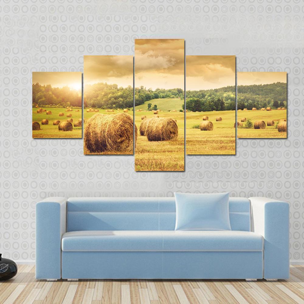 Field Of Freshly Cut Bales Of Hay With Beautiful Sunset Nature Canvas Wall Art