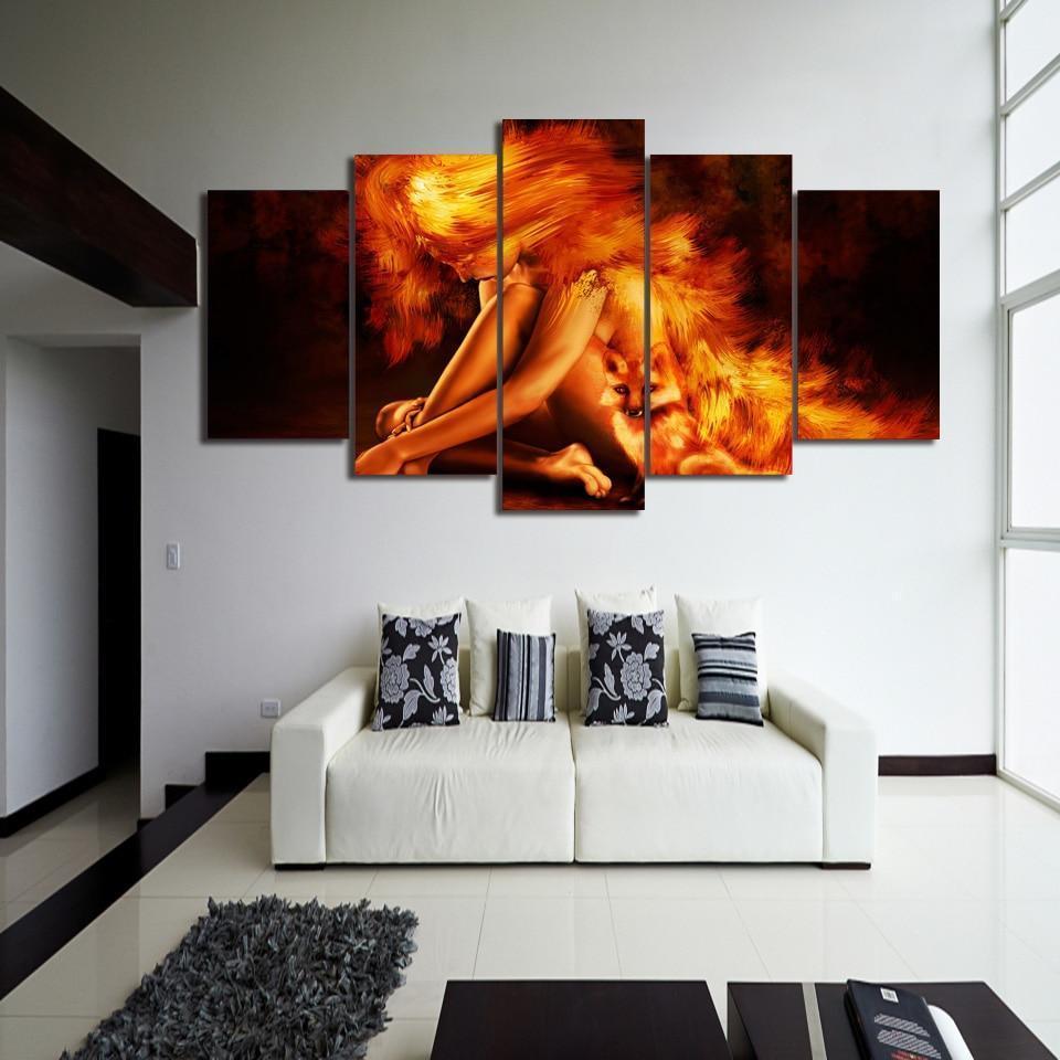 Fire Girl And Fox Animal Canvas Wall Art