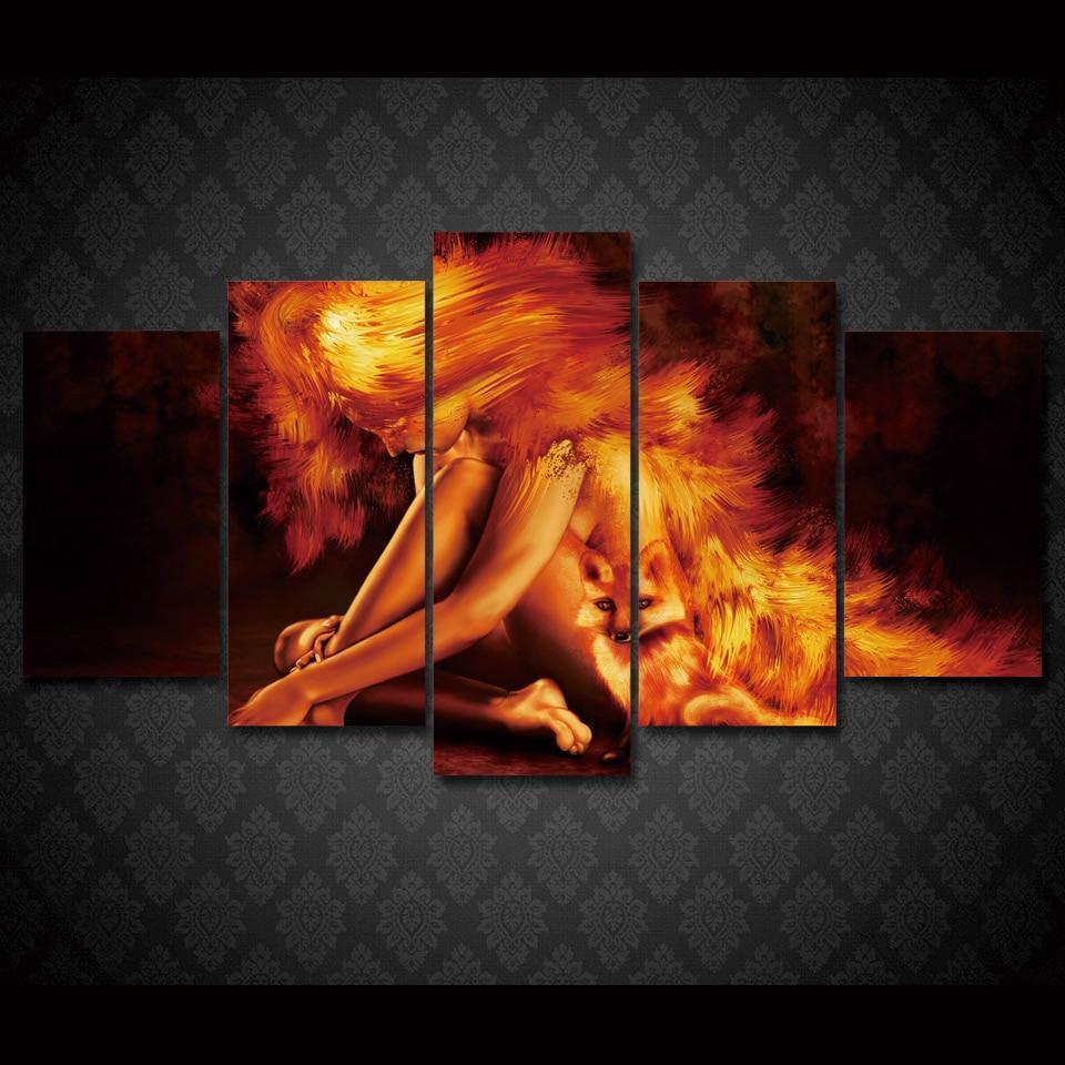 Fire Girl And Fox Animal Canvas Wall Art