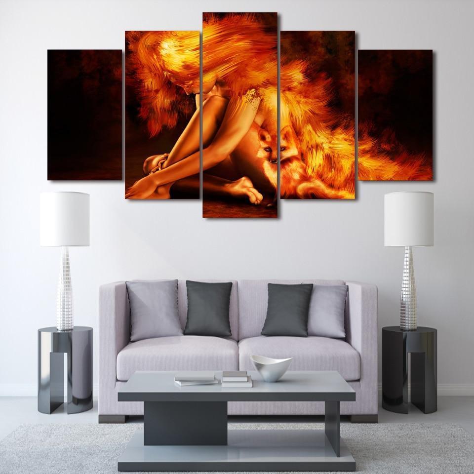 Fire Girl And Fox Animal Canvas Wall Art