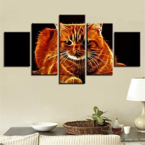 Fire Tabby Cat Hd Abstarct Animal Canvas Wall Art