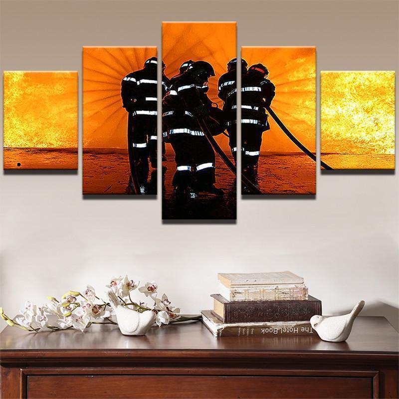 Firefighters Fight Flames Water Life Canvas Wall Art