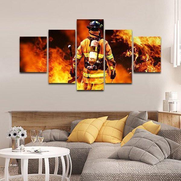 Fireman Fighting Fire Life Canvas Wall Art