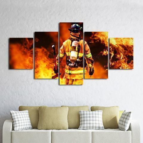 Fireman Fighting Fire Life Canvas Wall Art