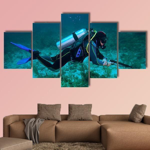 Fisherman With Speargun Fishing Canvas Wall Art