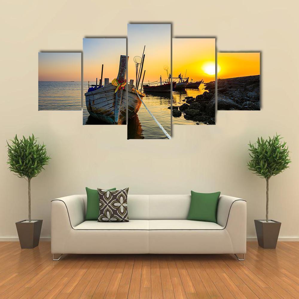 Fishing Boat With Sunset Nature Canvas Wall Art