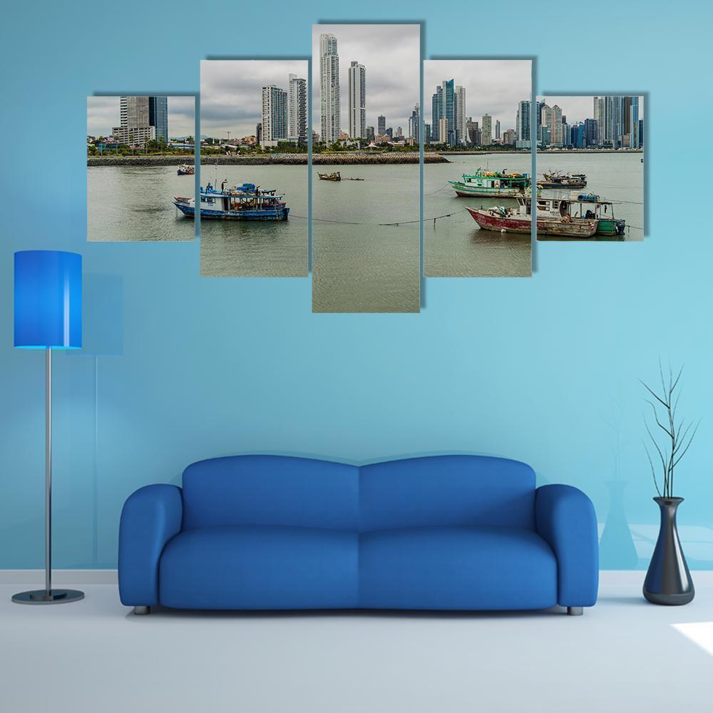 Fishing Boats In A Port With Skyline Of Panama Cit Fishing Canvas Wall Art