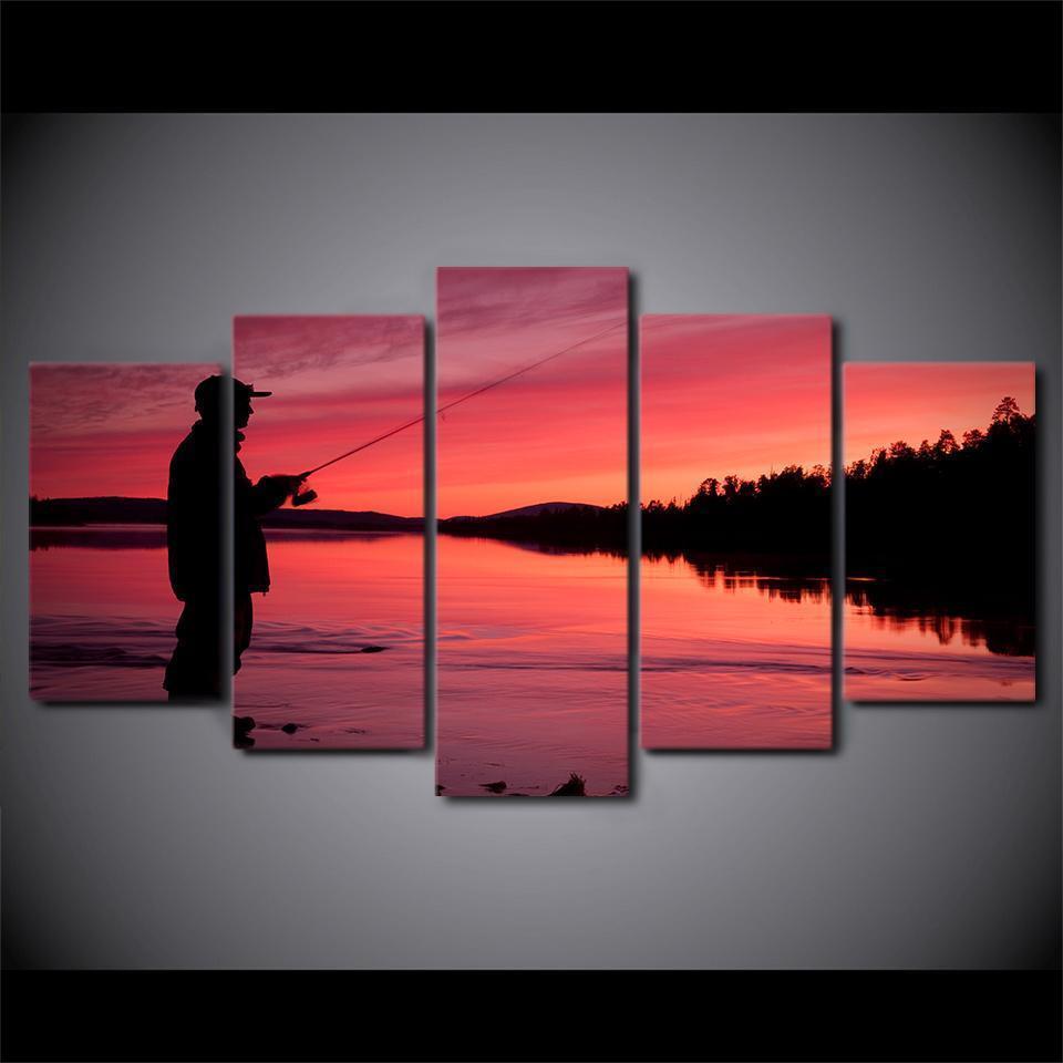 Fishing In The Lake At Sunset Sport Canvas Wall Art