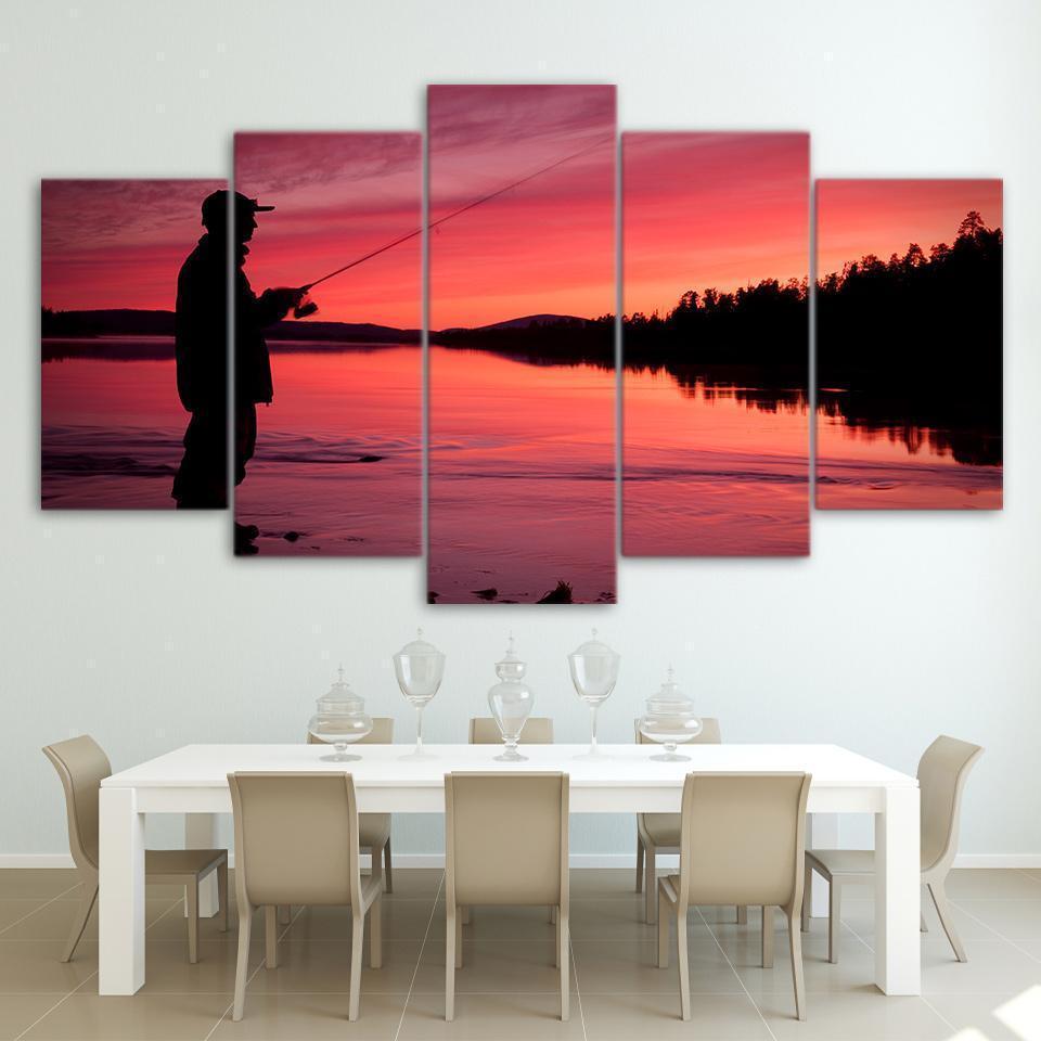 Fishing In The Lake At Sunset Sport Canvas Wall Art