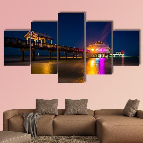 Fishing Pier And The Gulf Of Mexico At Night Nature Canvas Wall Art