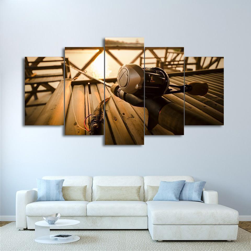 Fishing Rod And Reel On The Dock Sport Canvas Wall Art
