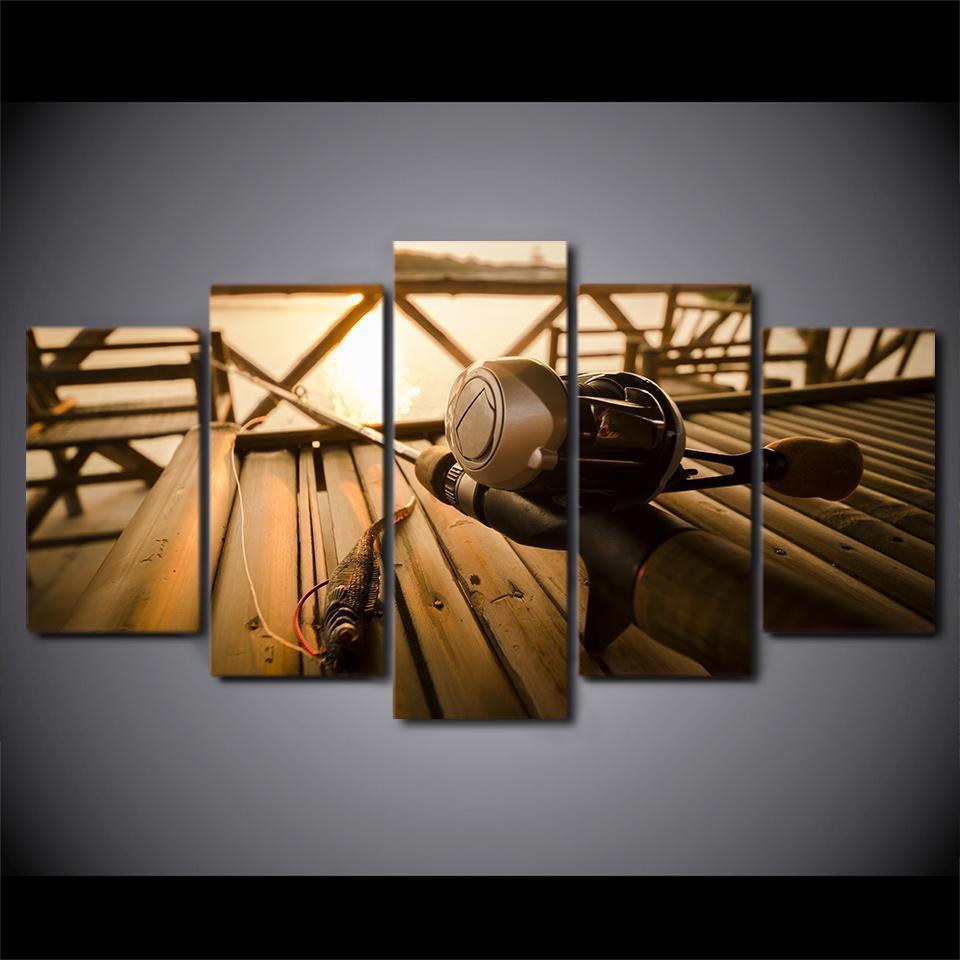 Fishing Rod And Reel On The Dock Sport Canvas Wall Art