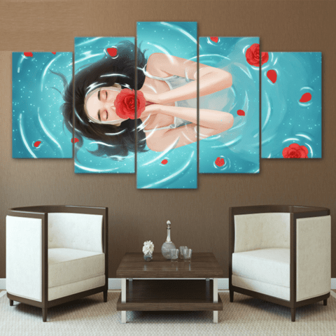 Floating Girl With Red Flower Abstract Canvas Wall Art