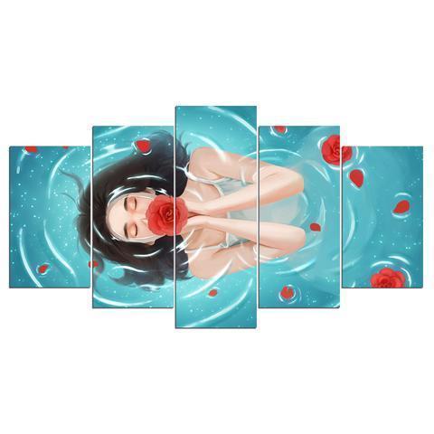 Floating Girl With Red Flower Abstract Canvas Wall Art