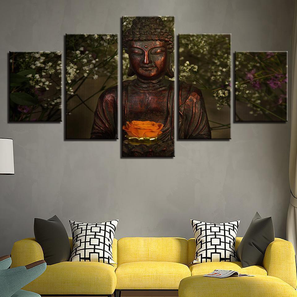 Flowers Retro Buddha Ation Religion Canvas Wall Art