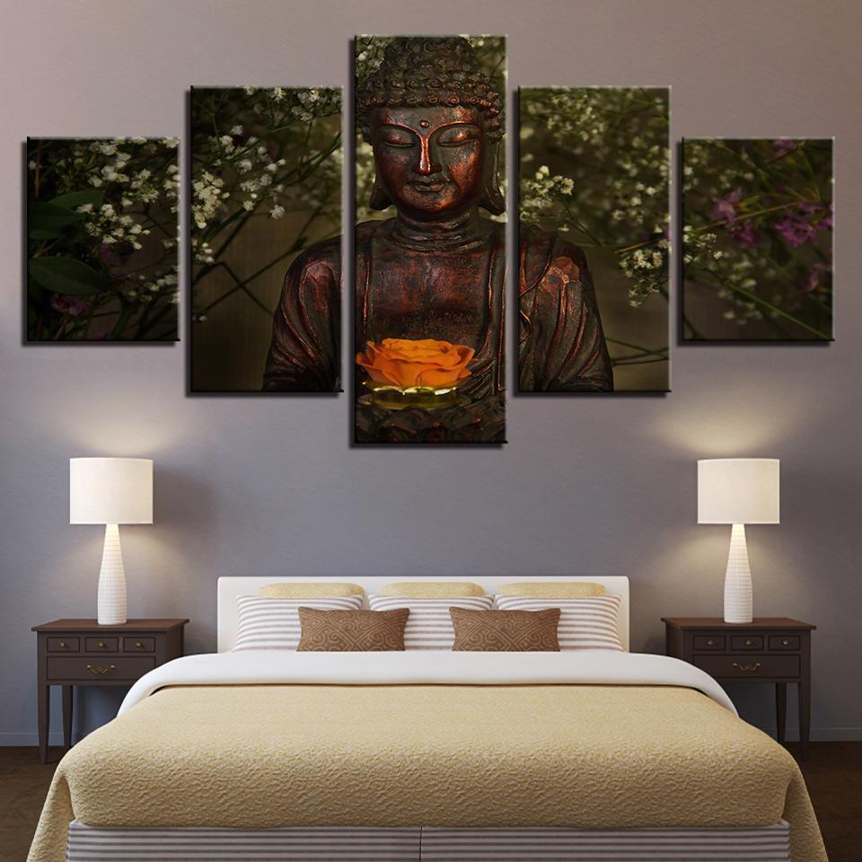 Flowers Retro Buddha Ation Religion Canvas Wall Art