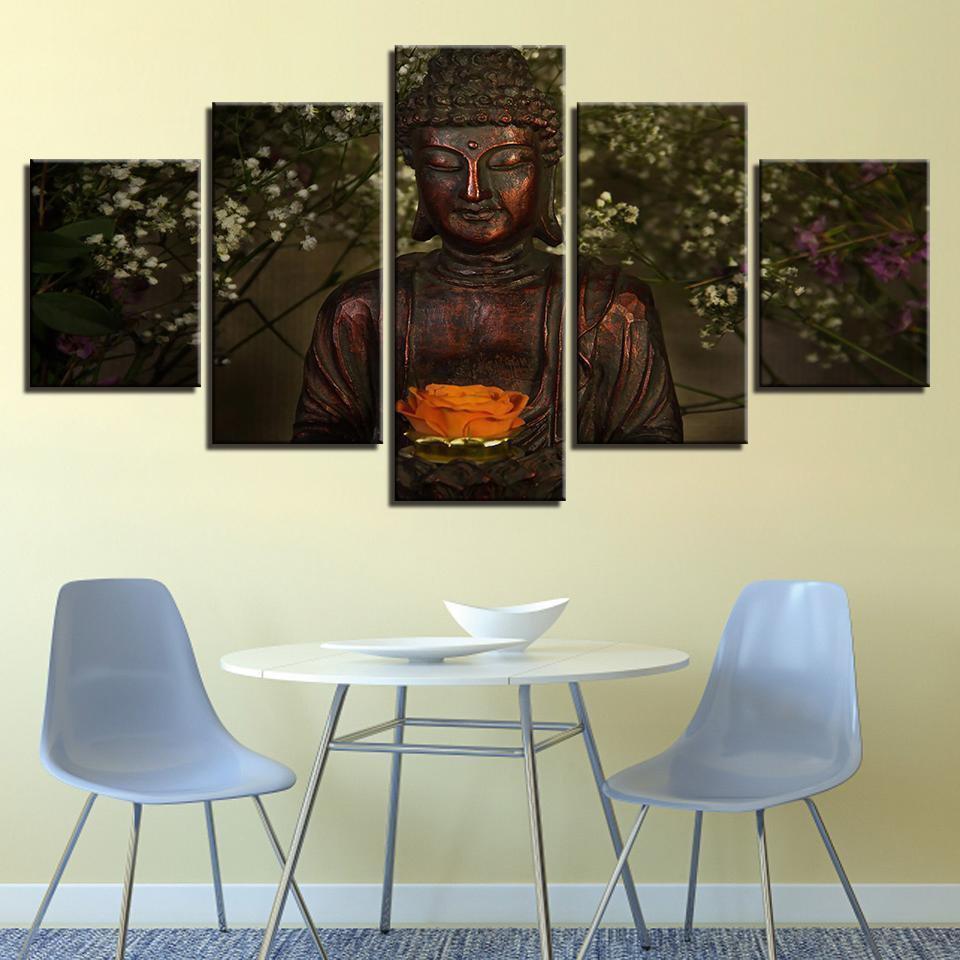 Flowers Retro Buddha Ation Religion Canvas Wall Art