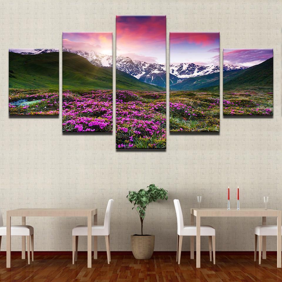 Flowers Snow Mountains And Plains Landscape Nature Canvas Wall Art