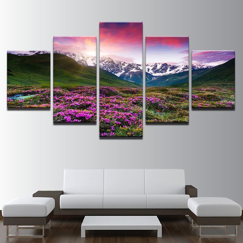 Flowers Snow Mountains And Plains Nature Canvas Wall Art