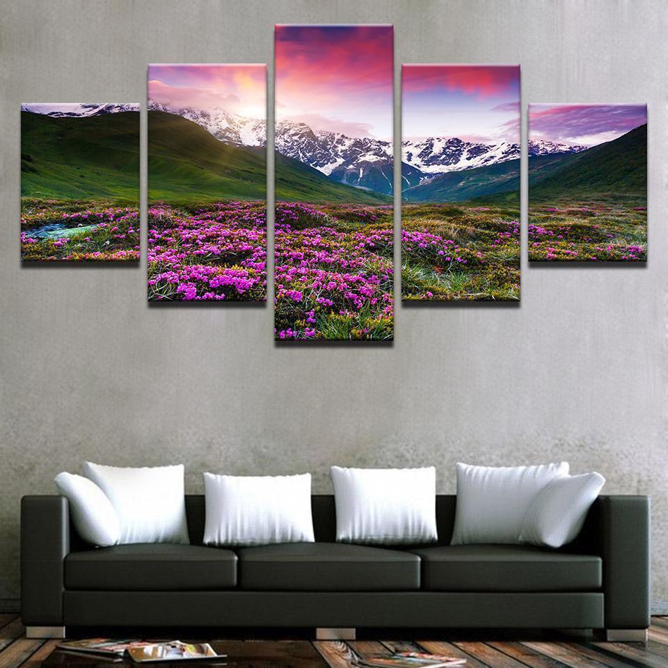 Flowers Snow Mountains And Plains Nature Canvas Wall Art
